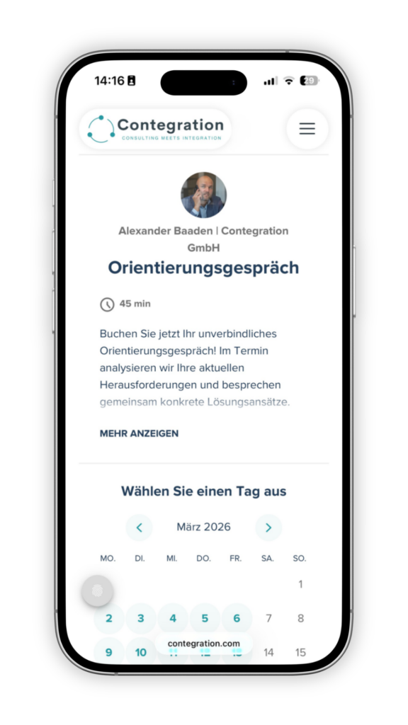 Terminbuchung be Contegration auf dem Handy